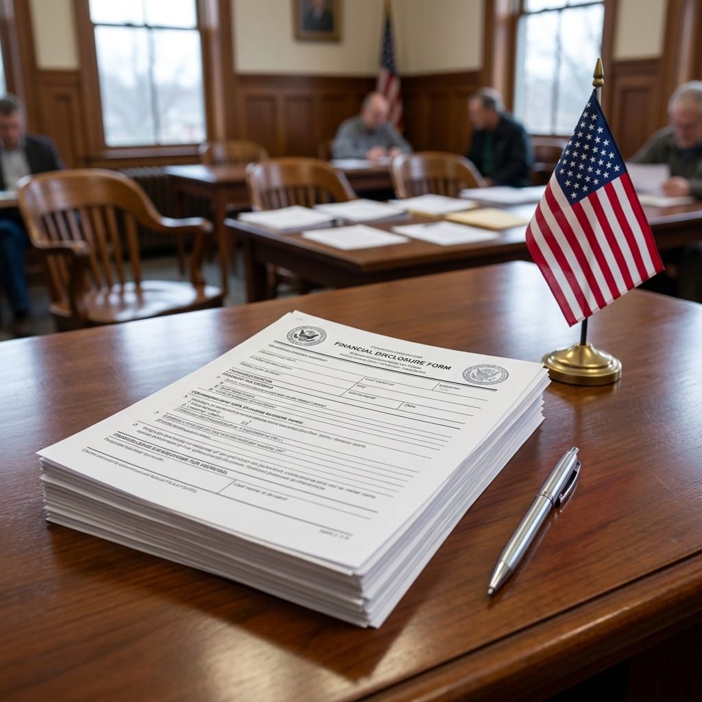 A stack of financial disclosure forms is placed on a wooden table in a room with people seated in the background.