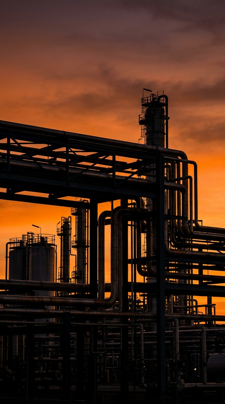 An industrial scene featuring large pipes and storage tanks silhouetted against a sunset.