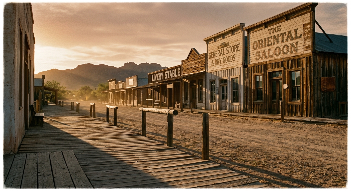 A deserted old western town with wooden buildings and a dusty street at sunset.