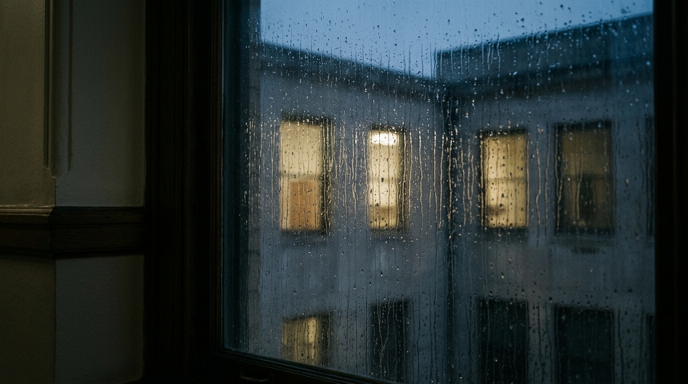 A view of a rainy window with blurred lights from buildings outside.
