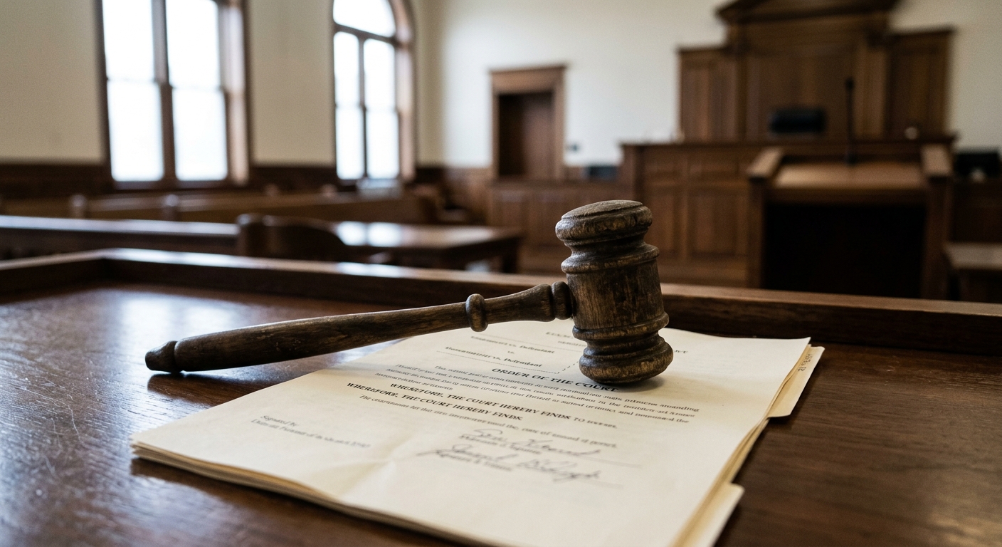 A wooden gavel resting on legal documents in a courtroom.