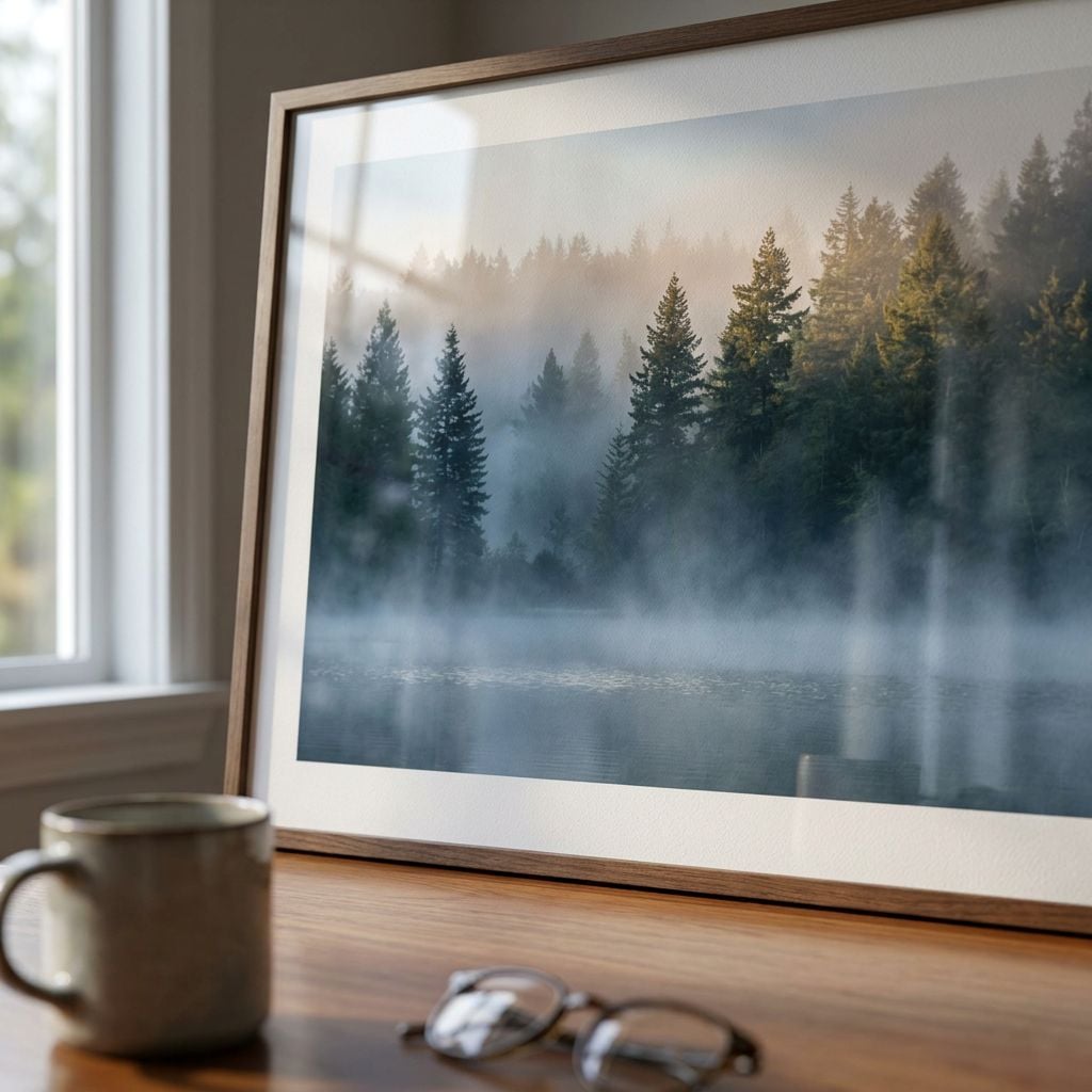 A framed photograph of a misty forest scene with evergreen trees.