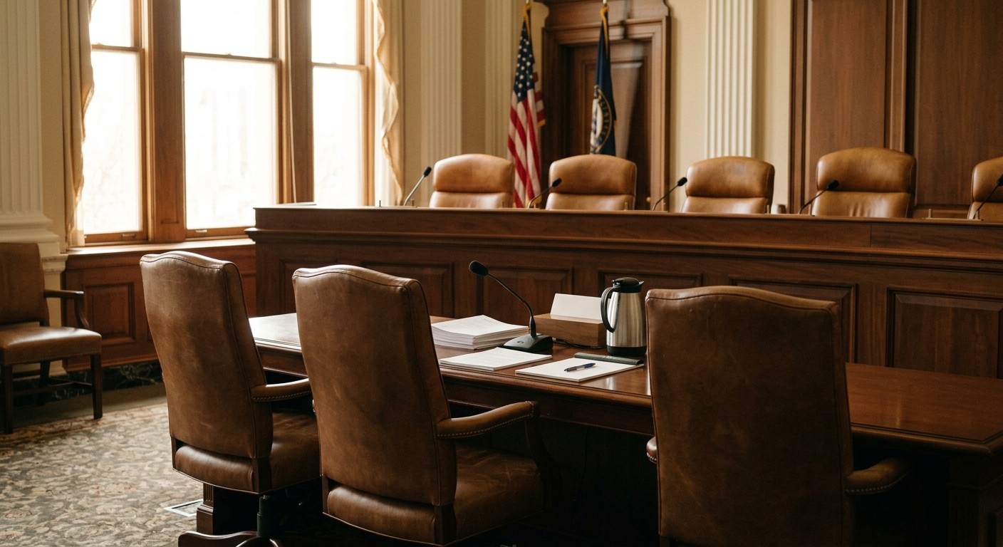 A courtroom with wooden furniture and empty chairs facing the judge's bench.