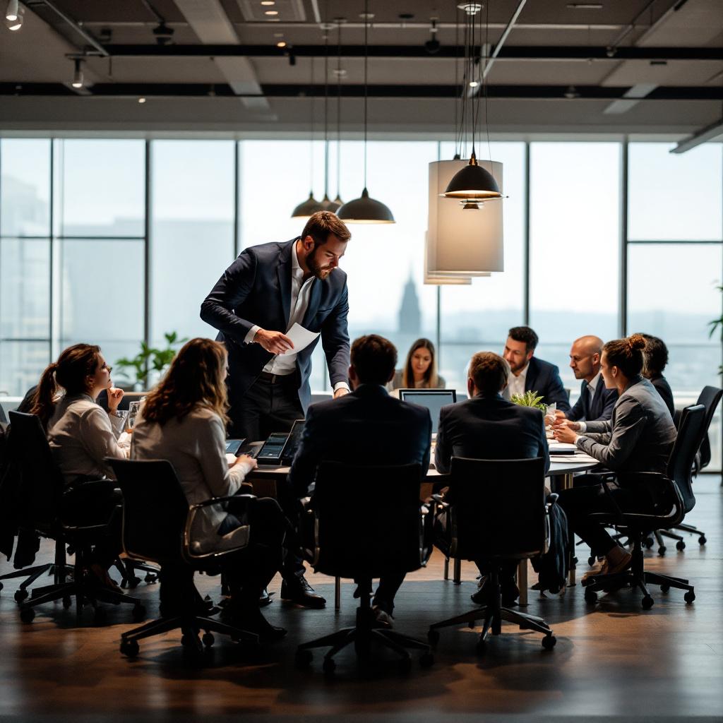 A group of professionals engaged in a meeting around a conference table in a modern office.