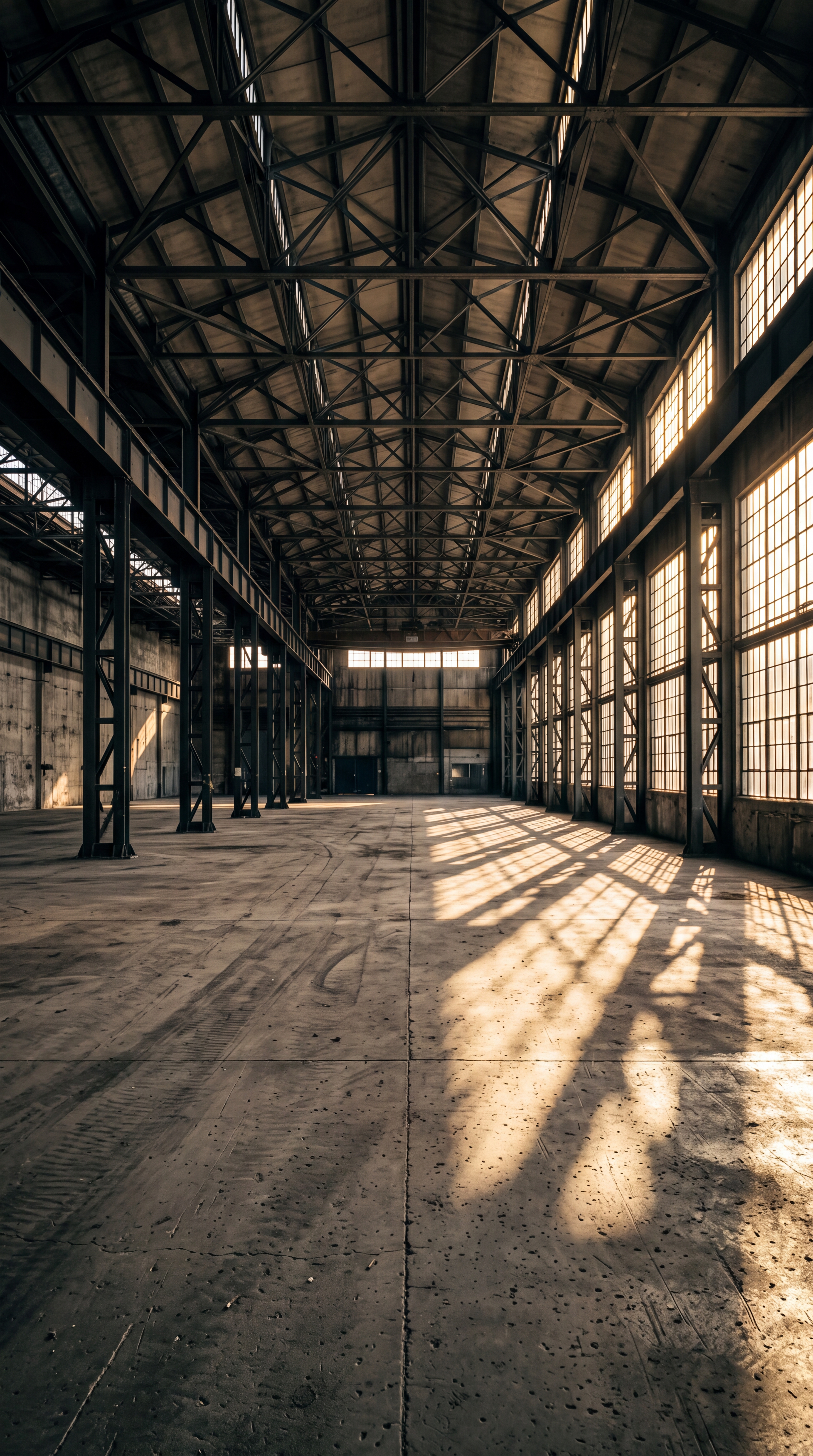 An empty industrial warehouse with large windows allowing sunlight to cast shadows on the floor.