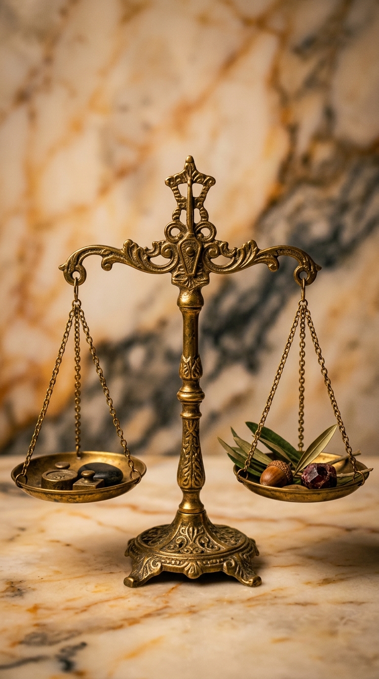 An antique balance scale with one side holding stones and the other side holding nuts and dried fruits.