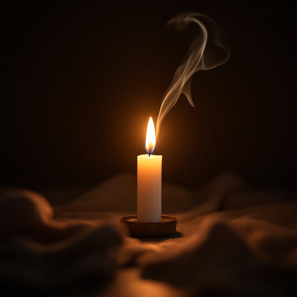 A lit candle emits a warm glow with smoke rising from the flame.