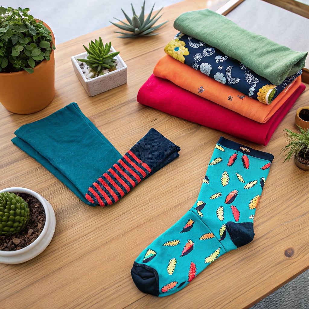 A collection of colorful socks and folded clothing items arranged on a wooden table with small plants.
