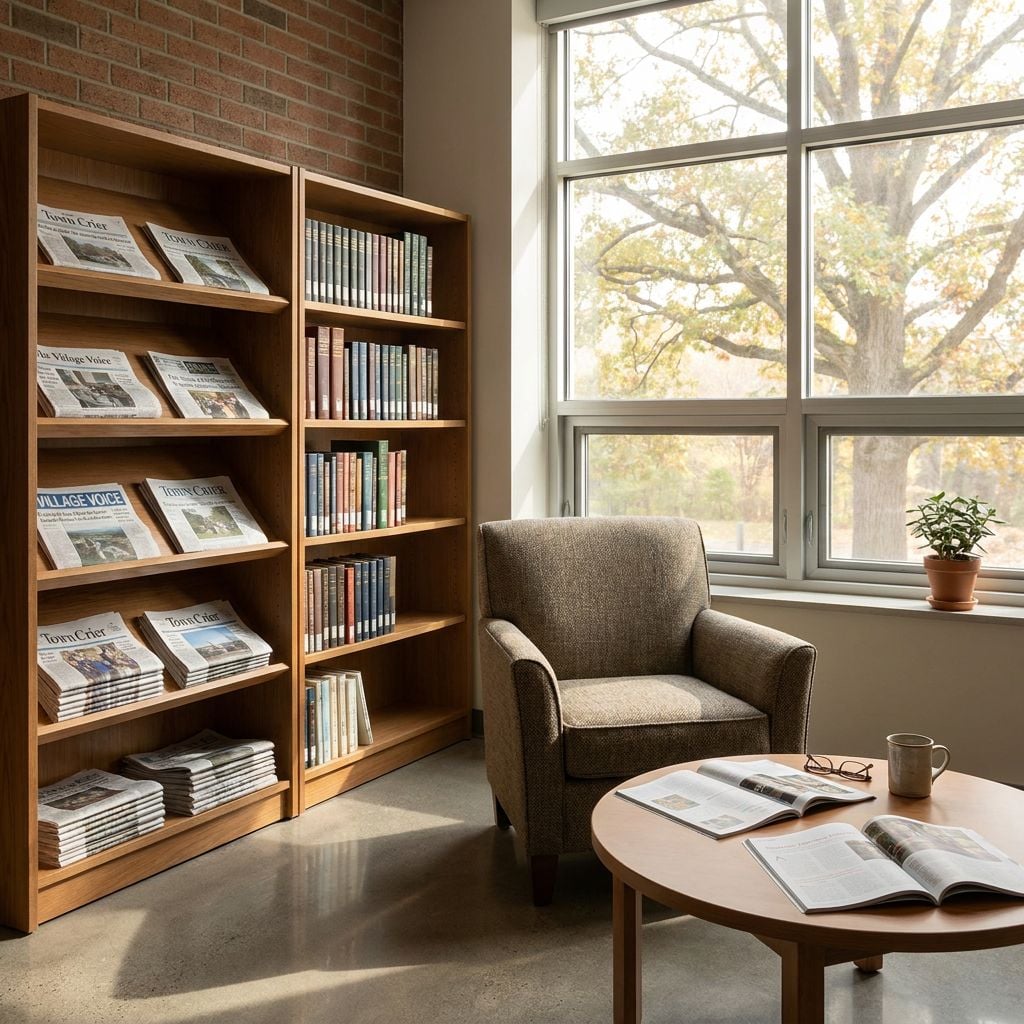 A cozy reading nook featuring a chair, a table with books, and a bookshelf filled with magazines.