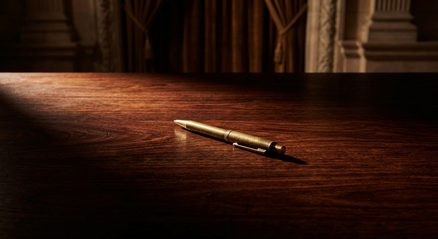 A gold pen resting on a wooden table.