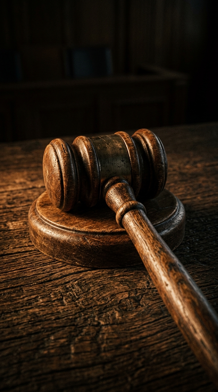 A wooden gavel resting on a wooden surface.