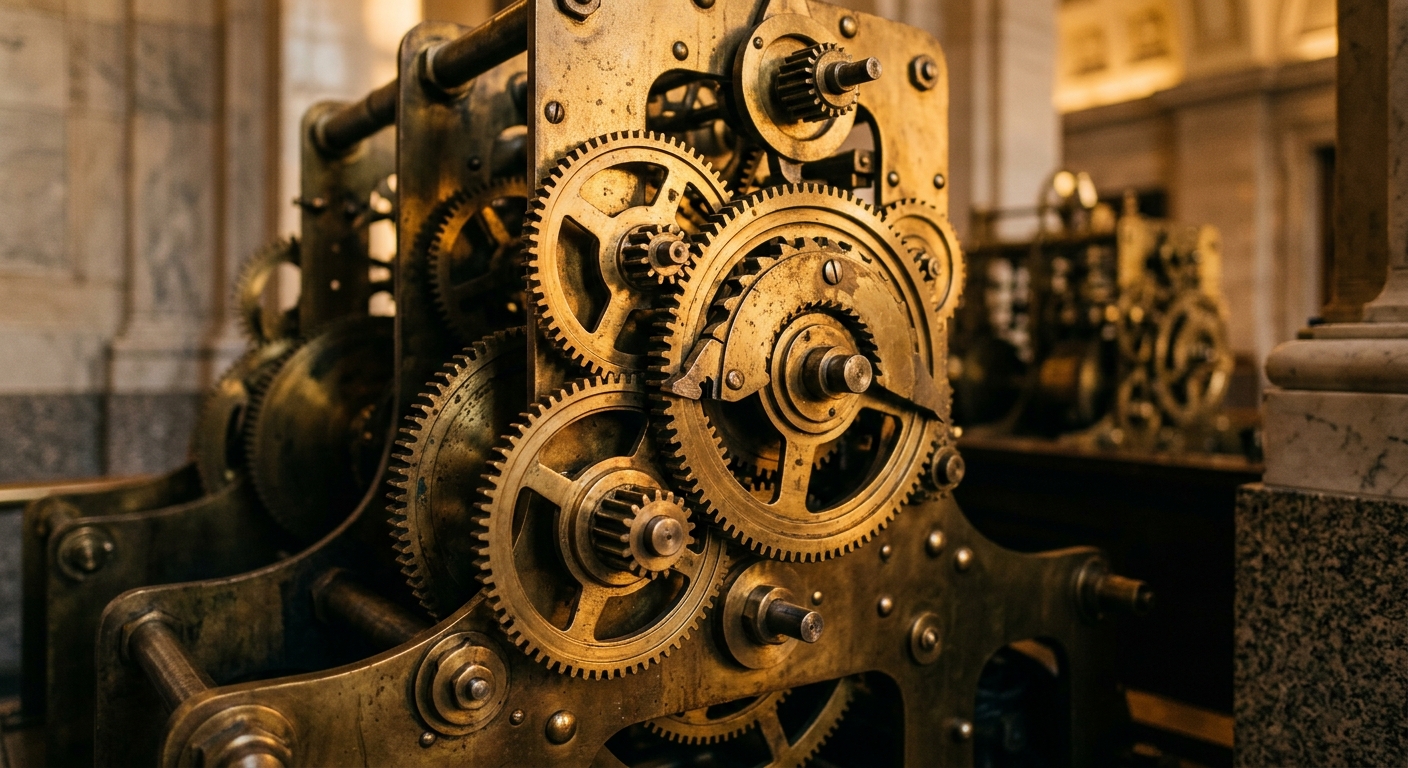 A close-up view of intricate brass gears and machinery.