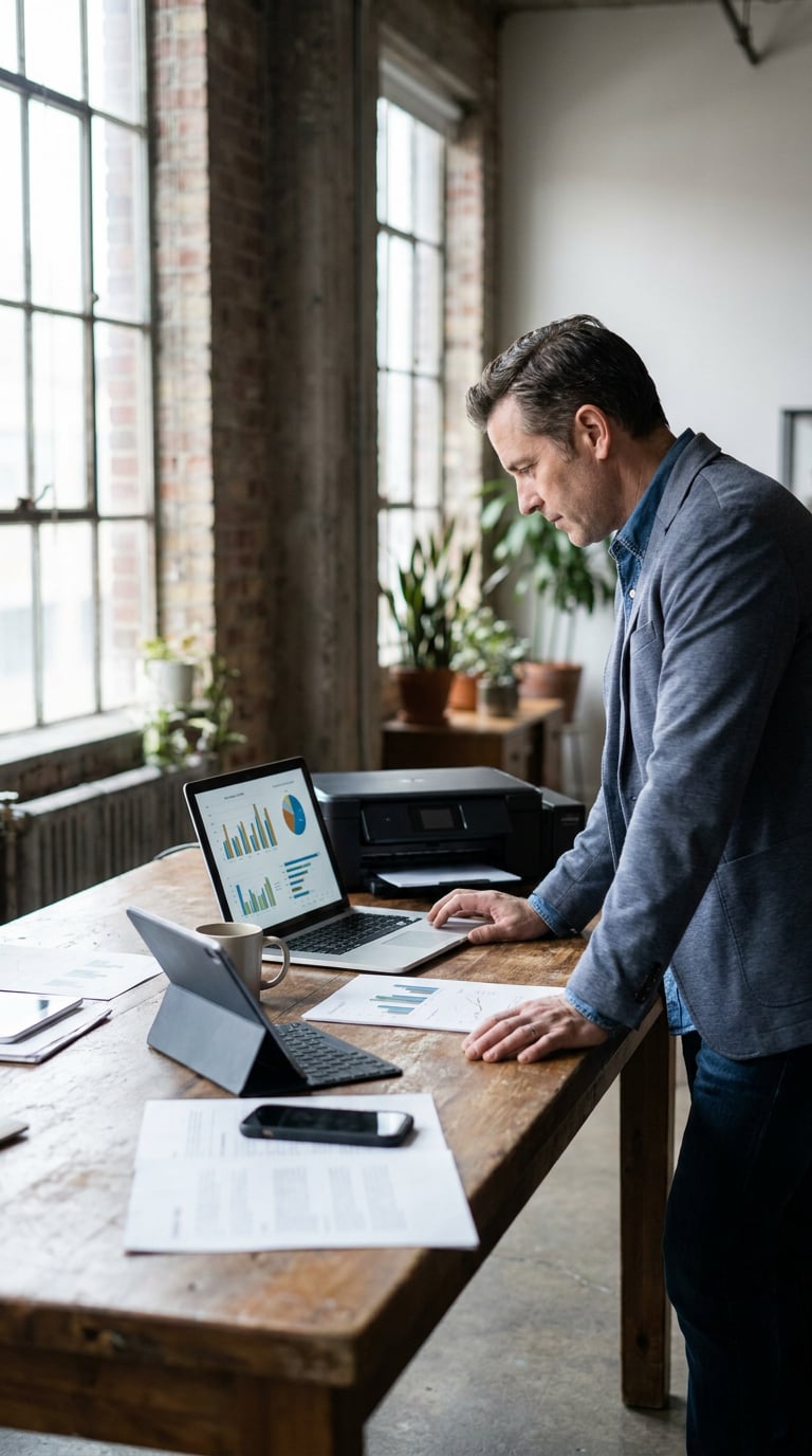 A man is working at a wooden table with laptops and documents in a modern office space.