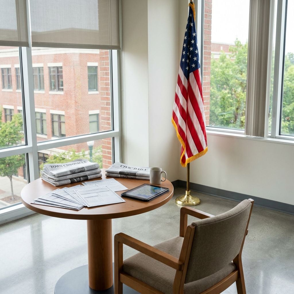A workspace featuring a table with newspapers, a mug, and an iPad next to a window with an American flag.