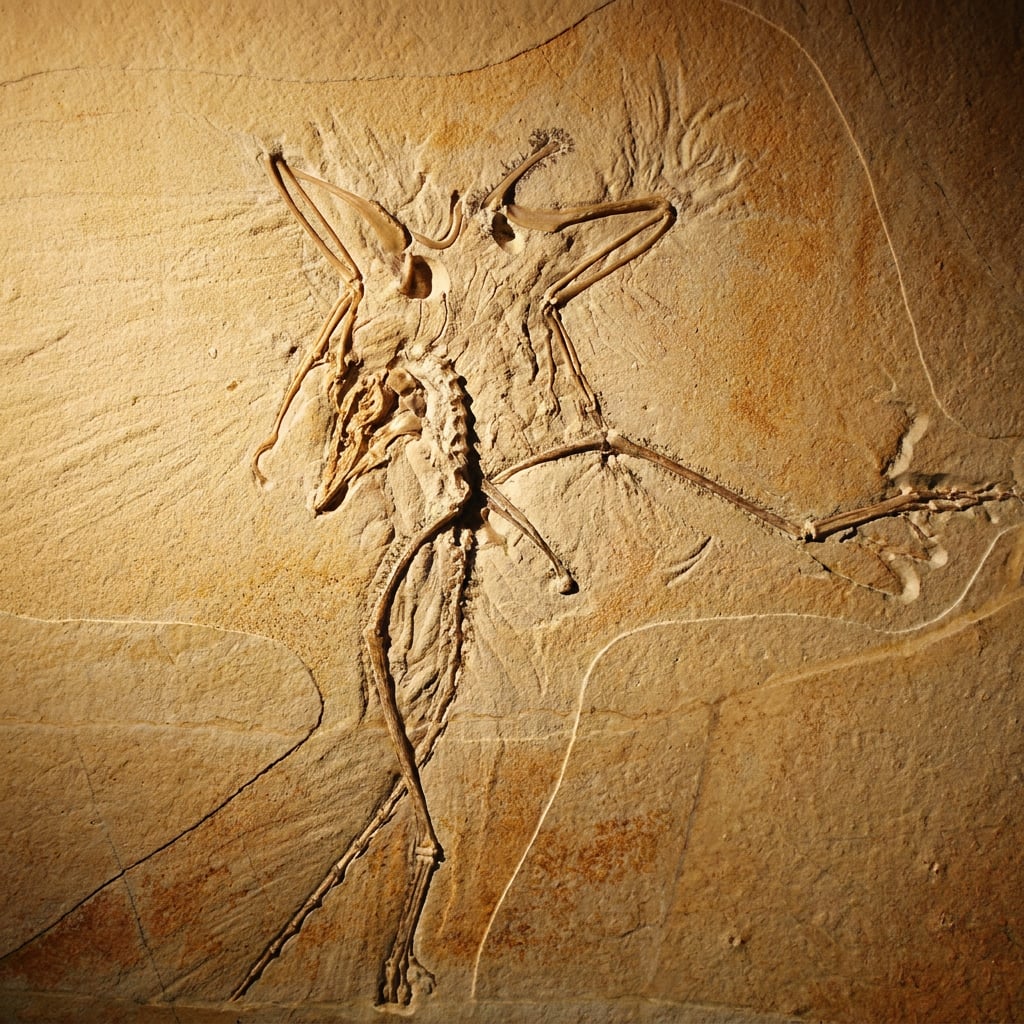 The image shows a fossilized specimen embedded in stone.