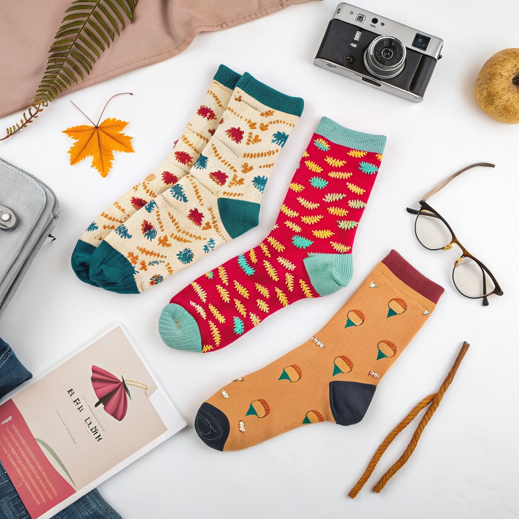 A flat lay arrangement of colorful socks, a camera, glasses, and autumn-themed items.