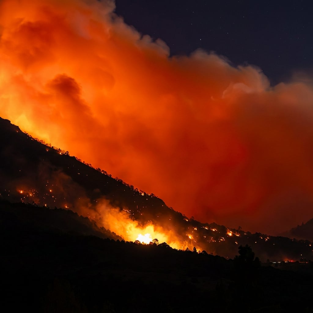 A wildfire burns on a hillside, emitting bright flames and thick smoke against a dark sky.