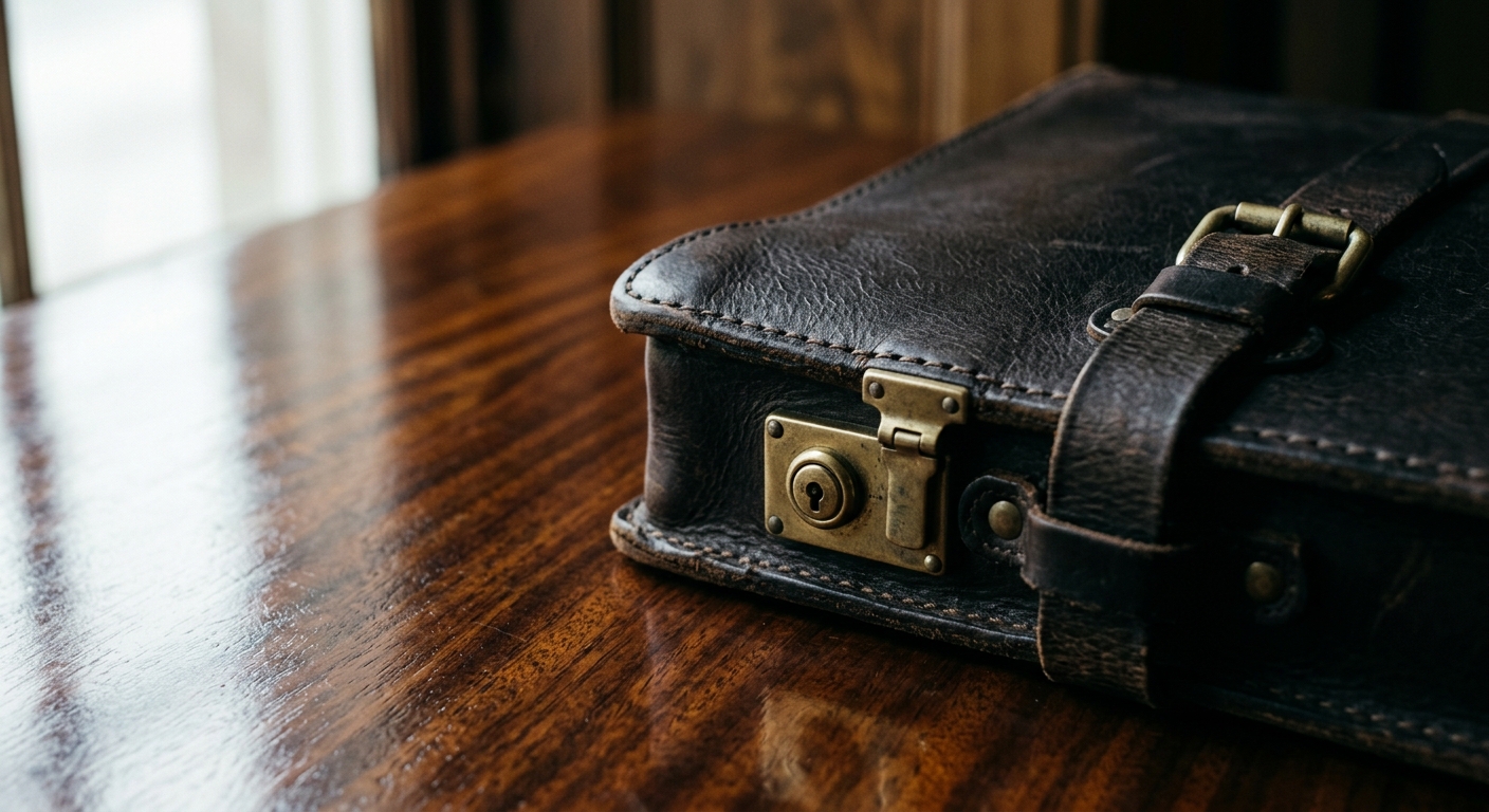 A close-up of a vintage leather briefcase resting on a wooden surface.