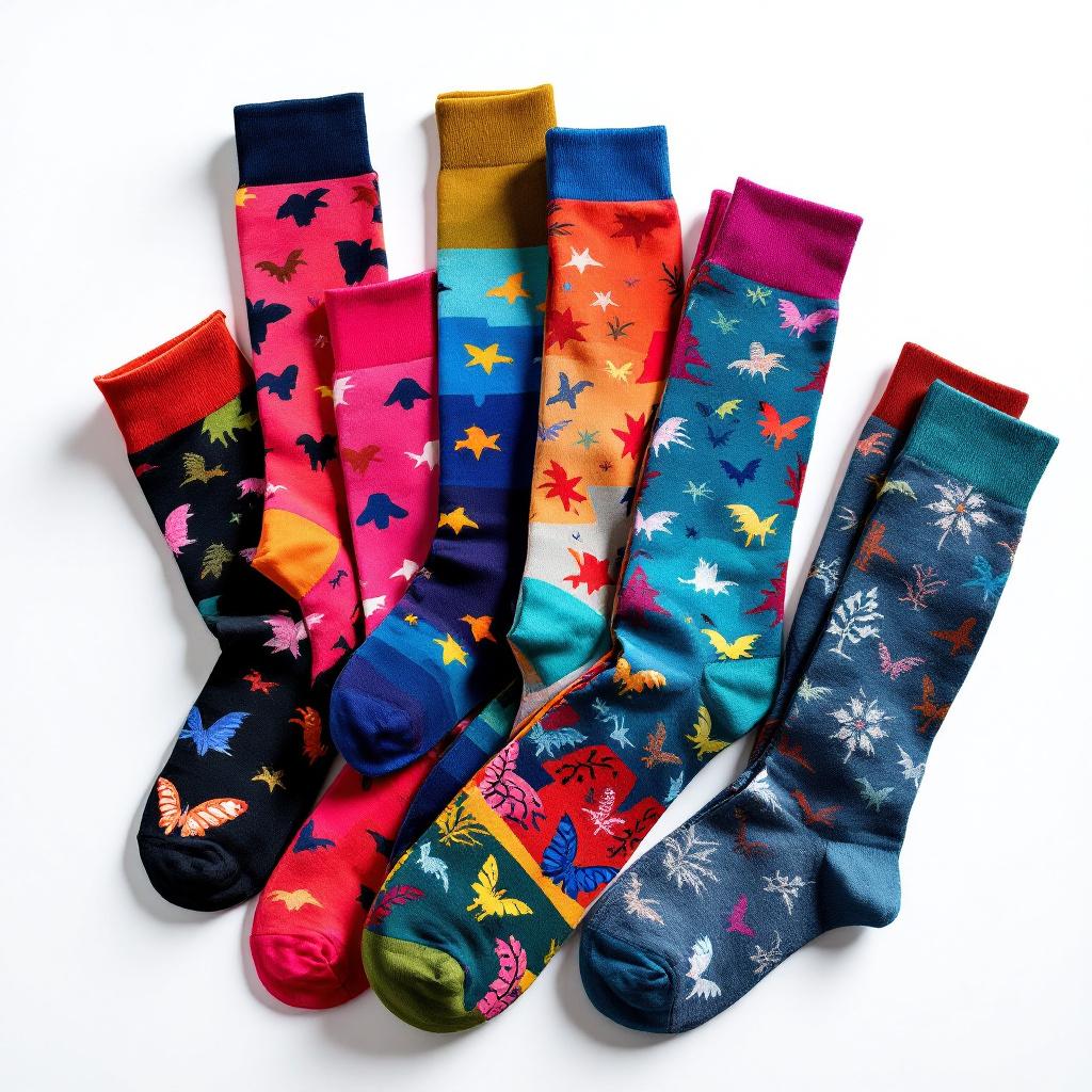 A collection of colorful patterned socks arranged on a white background.