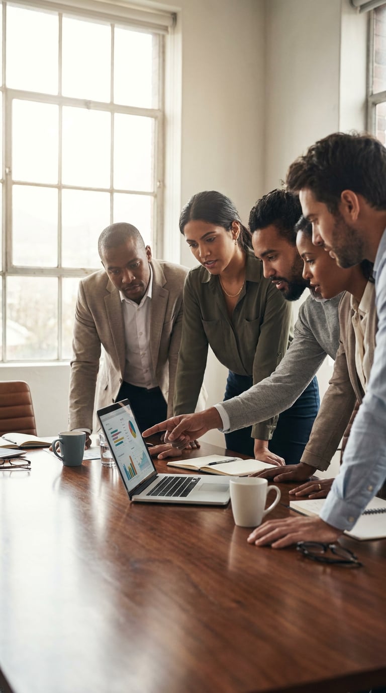 A group of professionals collaborating around a laptop in a modern office setting.