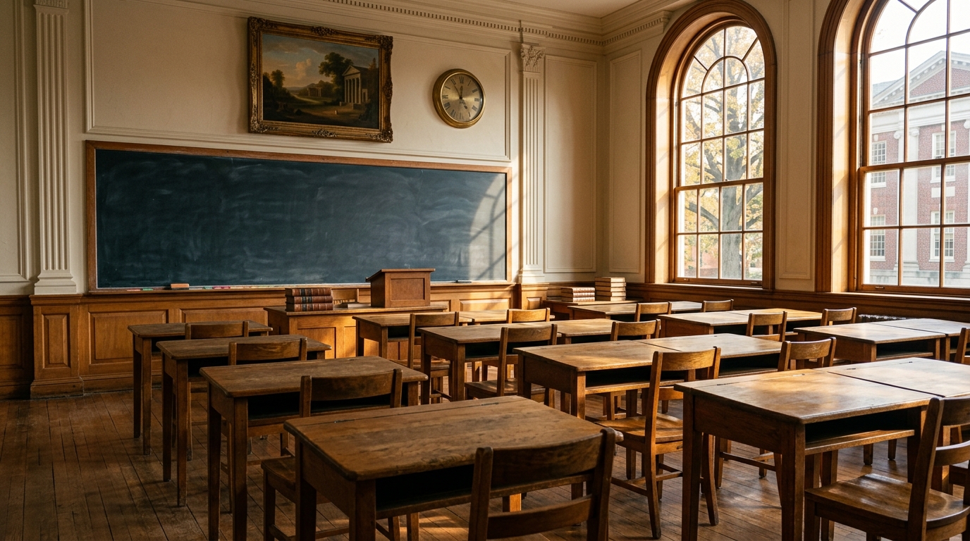 A classroom with wooden desks and large windows allowing natural light.
