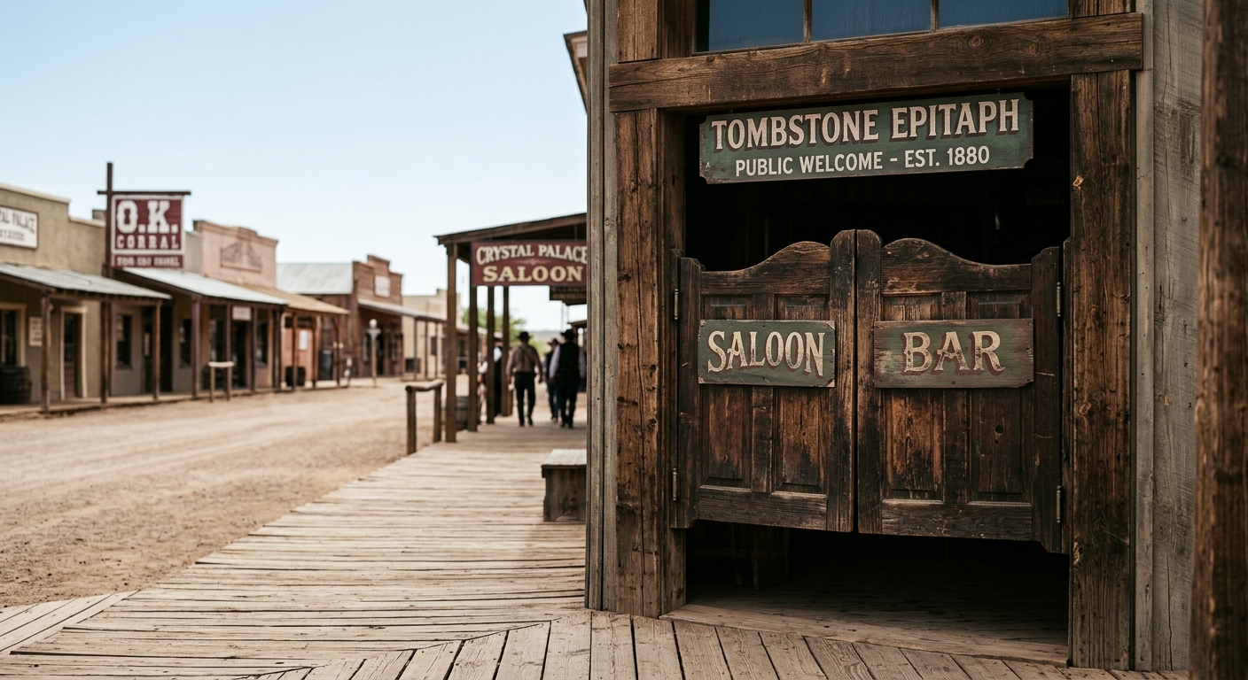 A view of a historic western town with wooden buildings and a saloon entrance.
