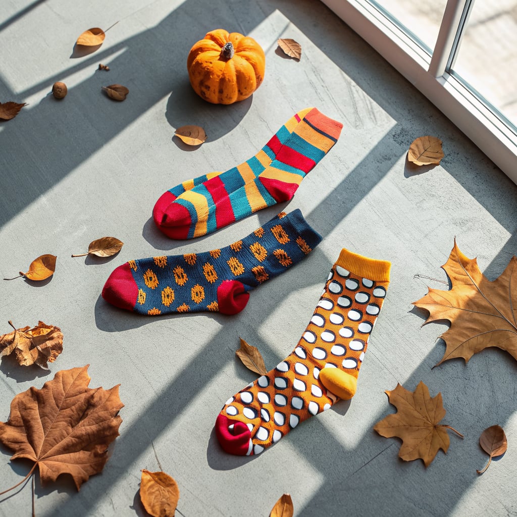 Three pairs of colorful socks are arranged on a concrete surface with autumn leaves and a small pumpkin.