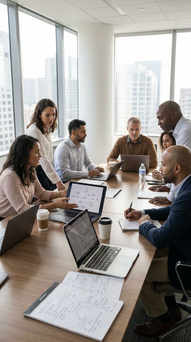 A group of professionals engaged in a meeting around a conference table with laptops and documents.