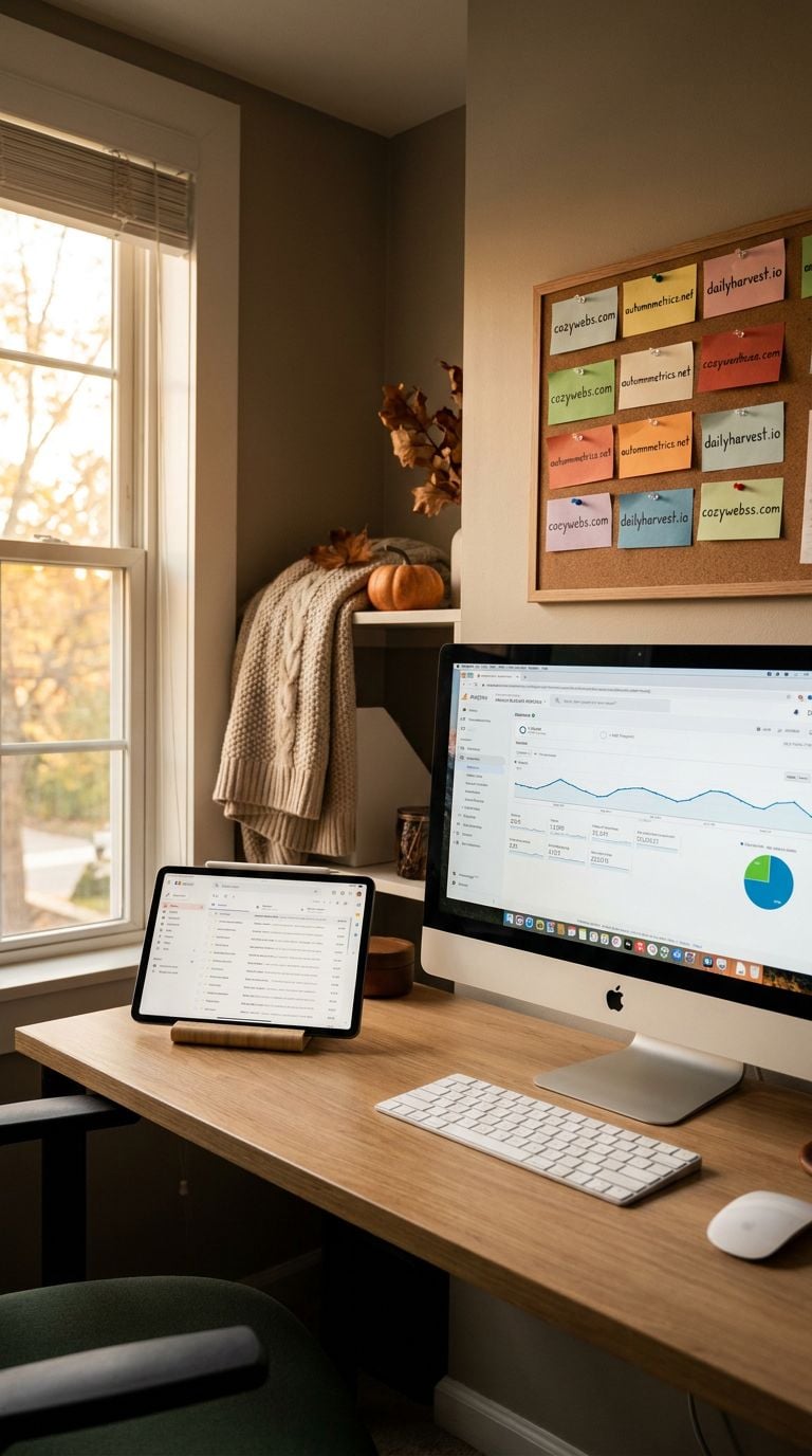 A cozy home office setup featuring a computer, tablet, and a bulletin board with colorful notes.