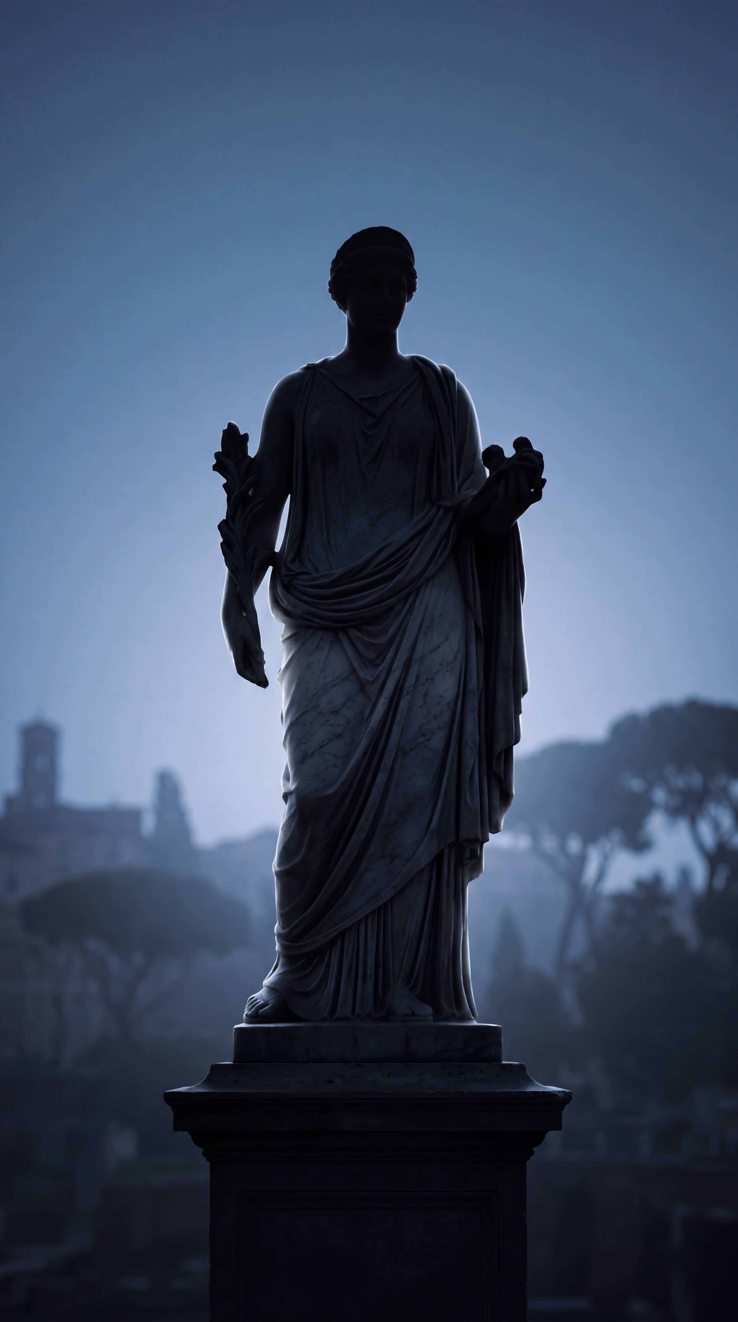 A silhouette of a statue against a twilight sky.