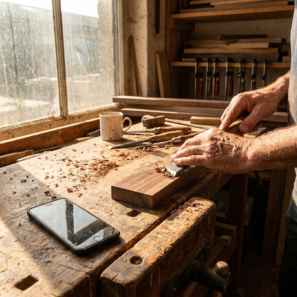 A person is using a chisel on a piece of wood in a workshop.
