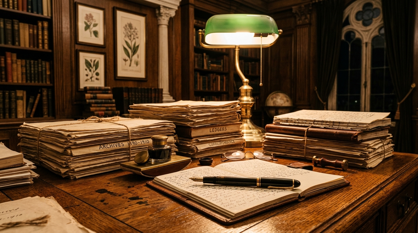 A wooden desk cluttered with stacks of old documents, a pen, and a vintage lamp.
