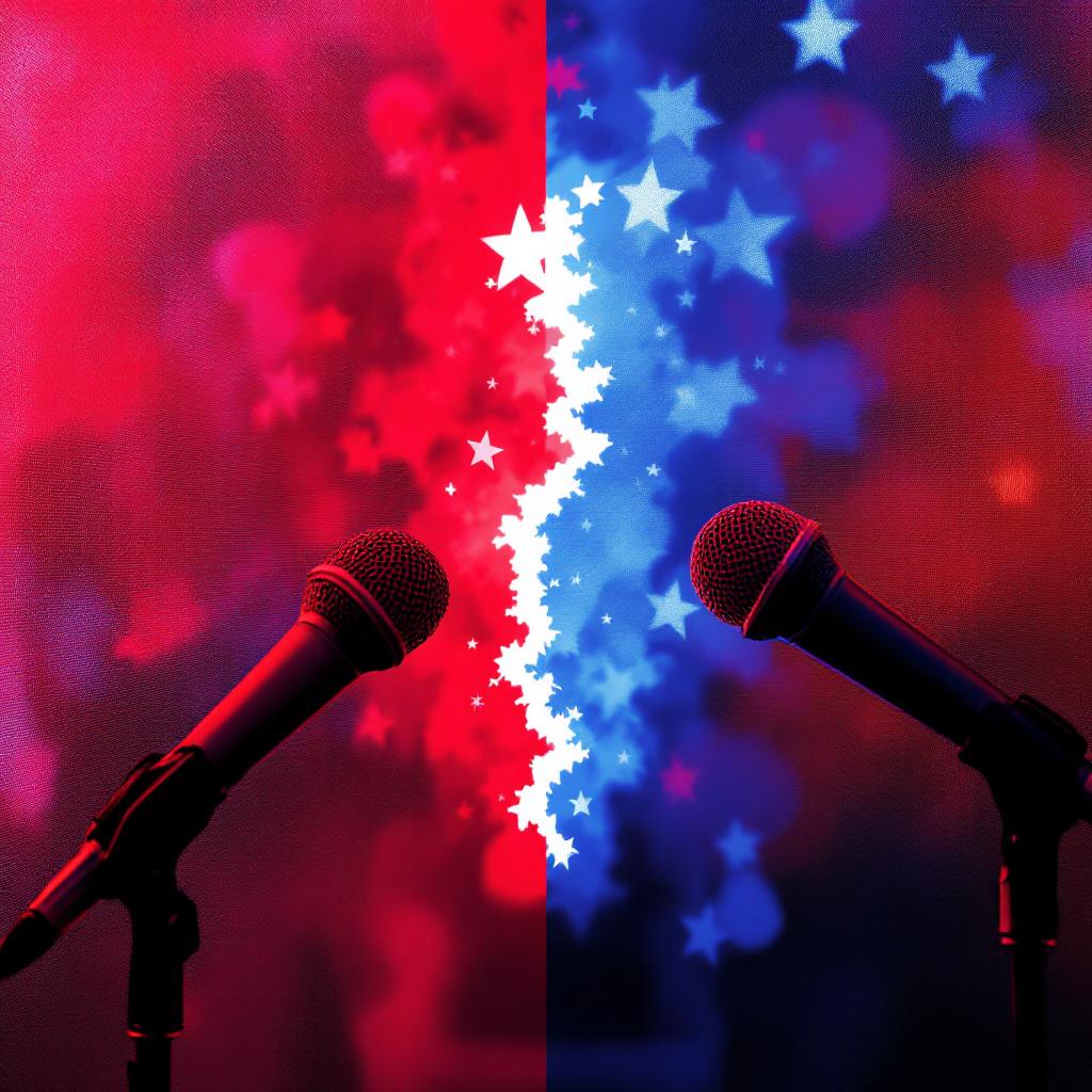 Two microphones are positioned against a colorful background with red and blue hues and star patterns.