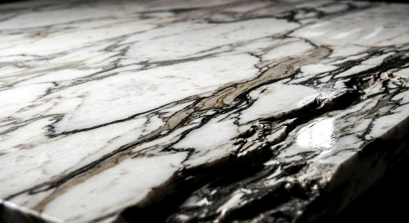 A close-up view of a marble surface with black and white patterns.