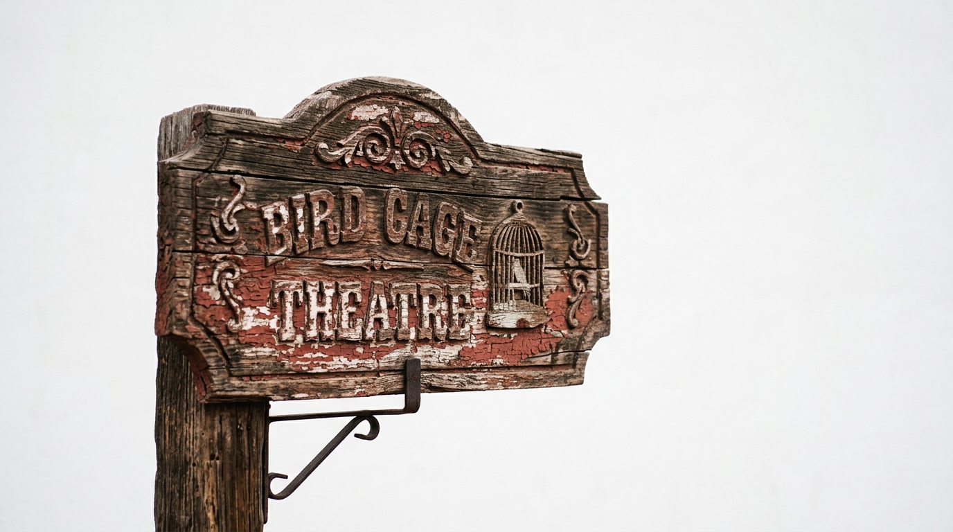 An old wooden sign for the Bird Cage Theatre.