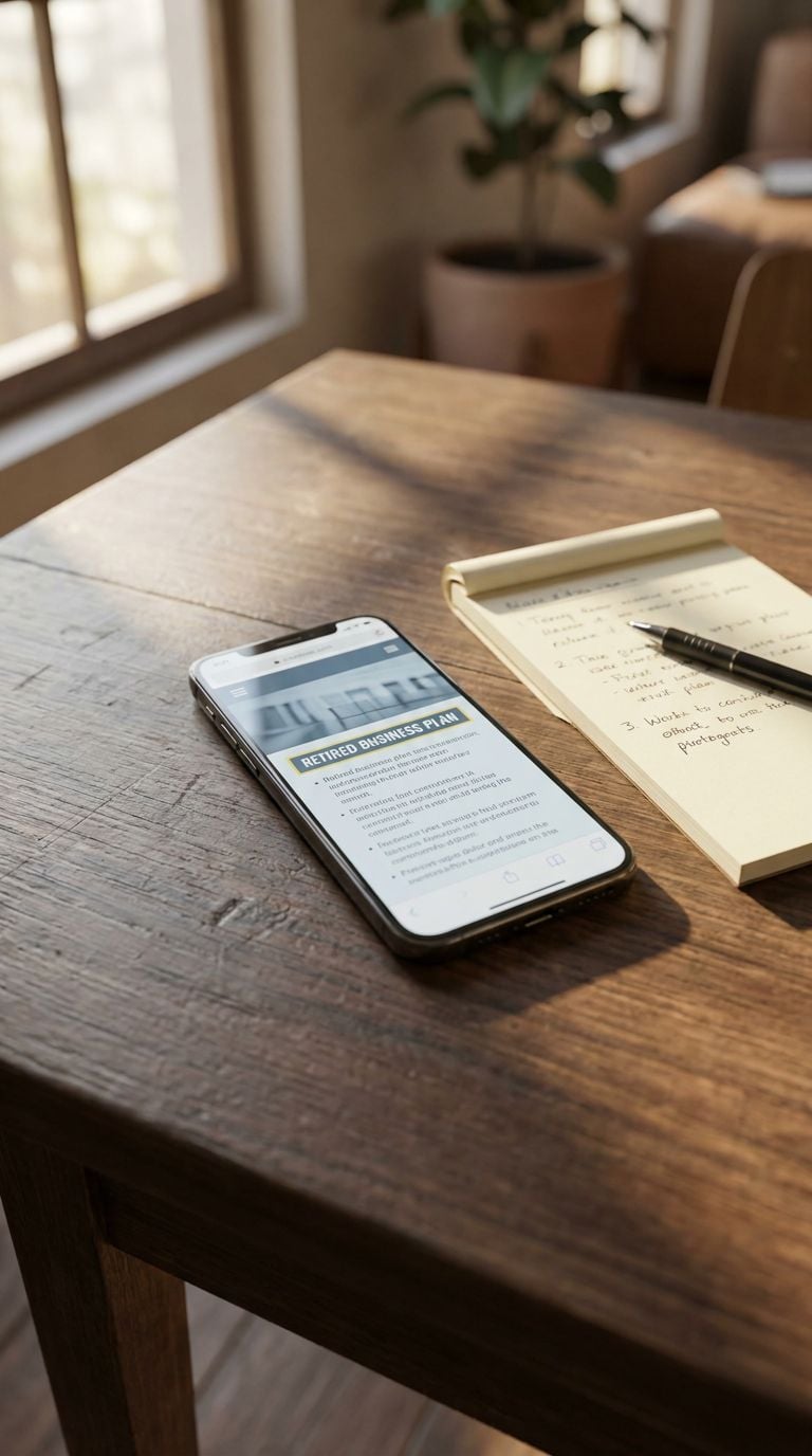 A smartphone displaying a webpage is placed on a wooden table next to a notepad and pen.
