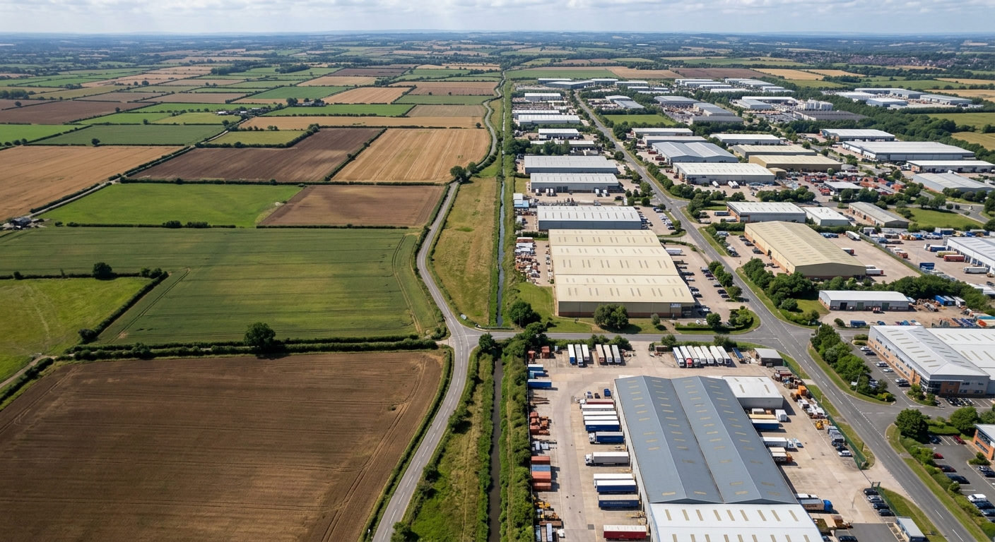 An aerial view of agricultural fields and industrial buildings.
