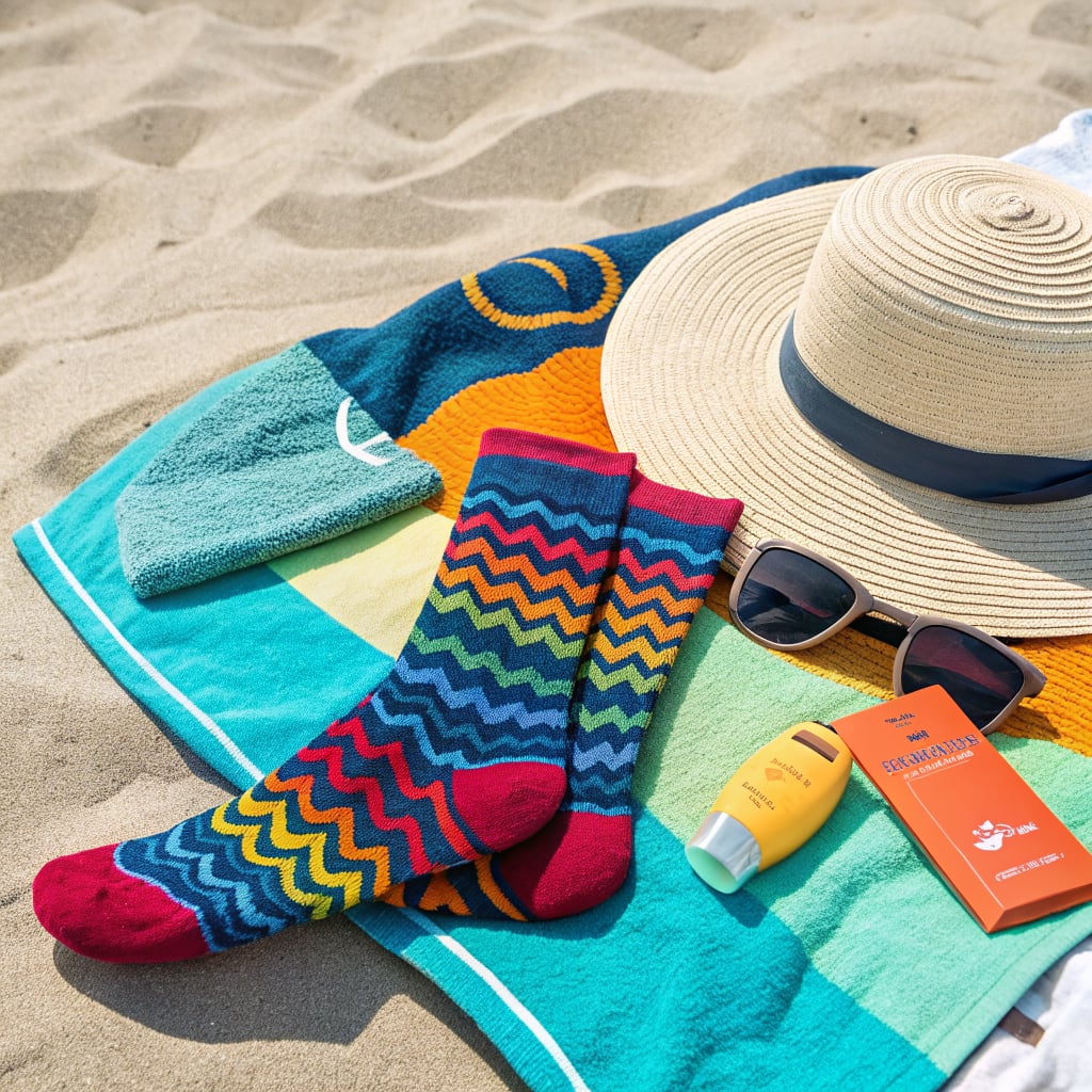 A colorful beach setup featuring patterned socks, a sun hat, sunglasses, and sunscreen on a sandy surface.
