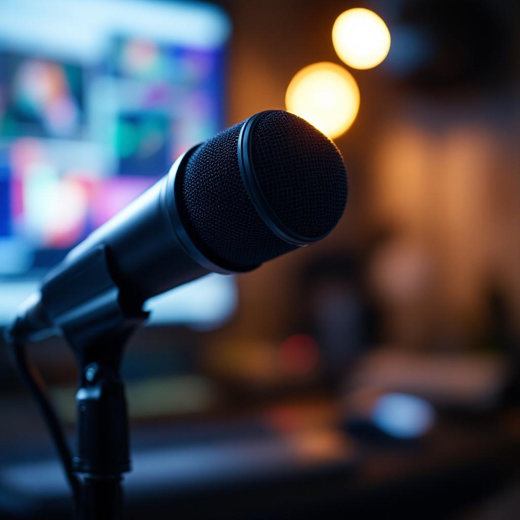 A close-up of a microphone in a dimly lit room with a blurred background.
