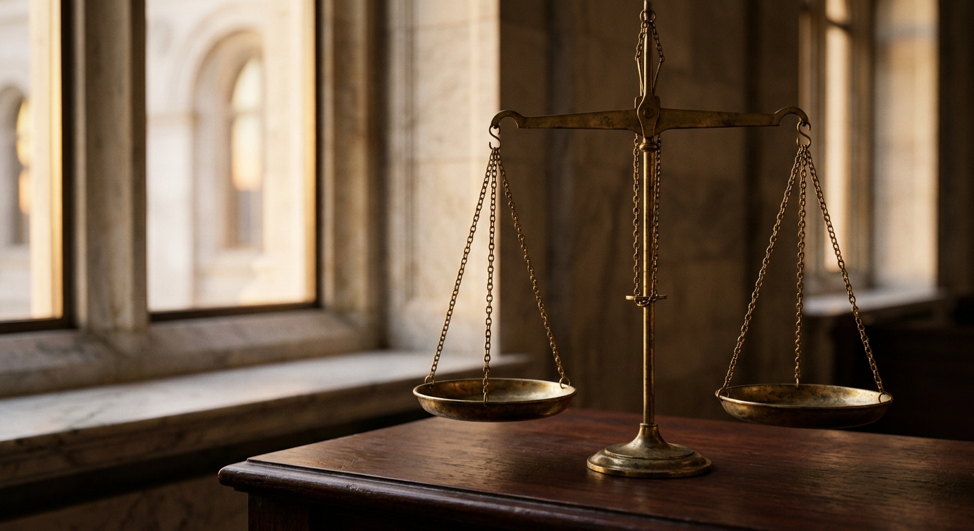 A brass scale of justice is placed on a wooden table near a window.