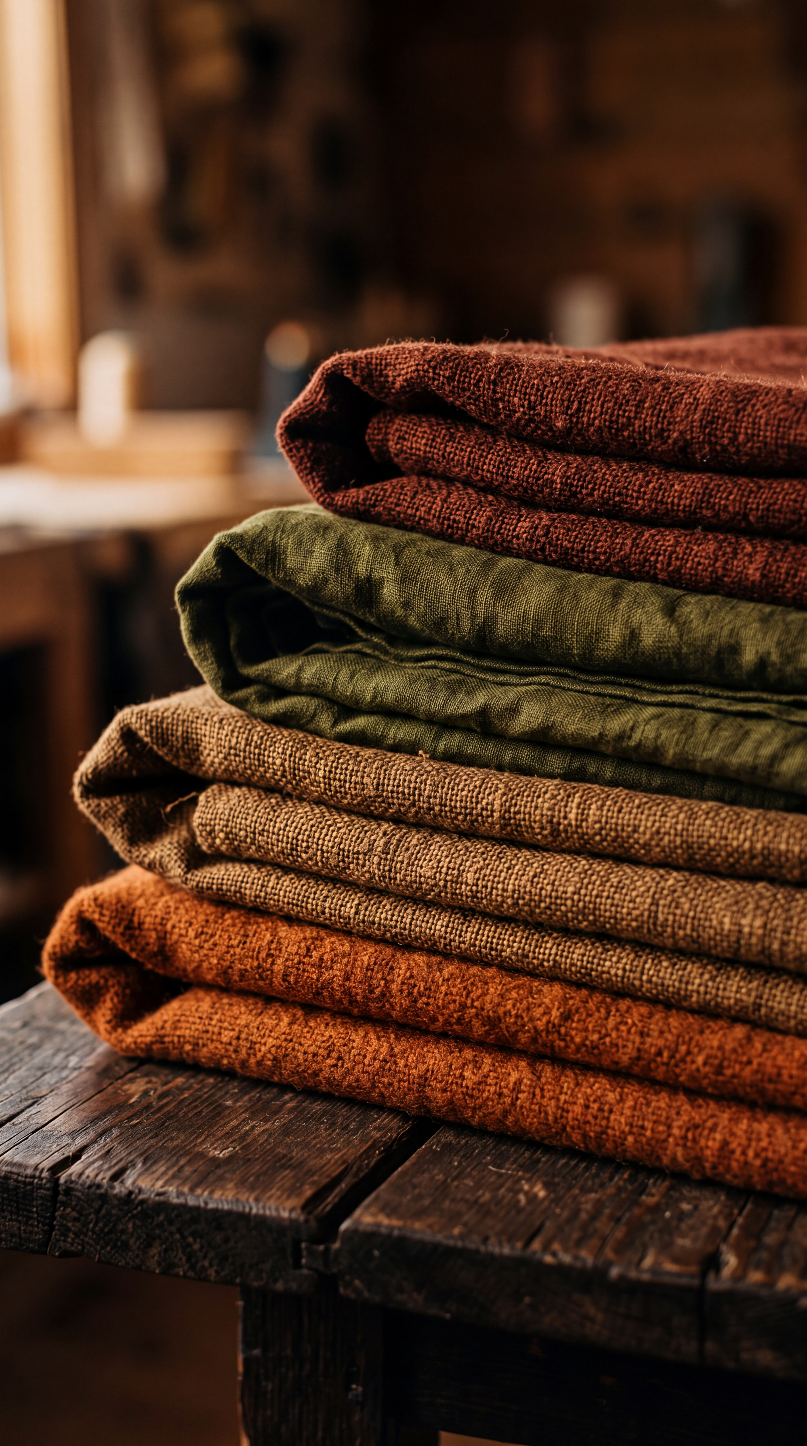 A stack of neatly folded fabrics in various earthy colors.
