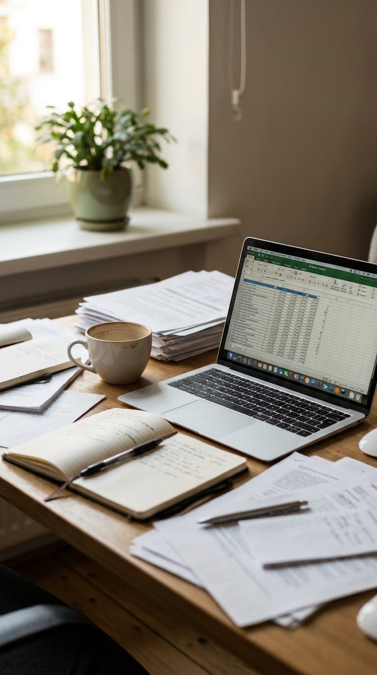 A workspace featuring a laptop, coffee cup, and scattered papers on a wooden table.