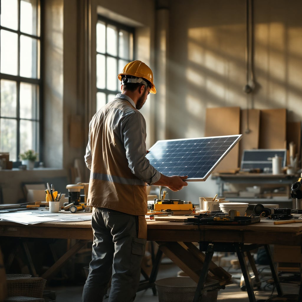 A man in a hard hat examines a solar panel in a workshop filled with tools and materials.