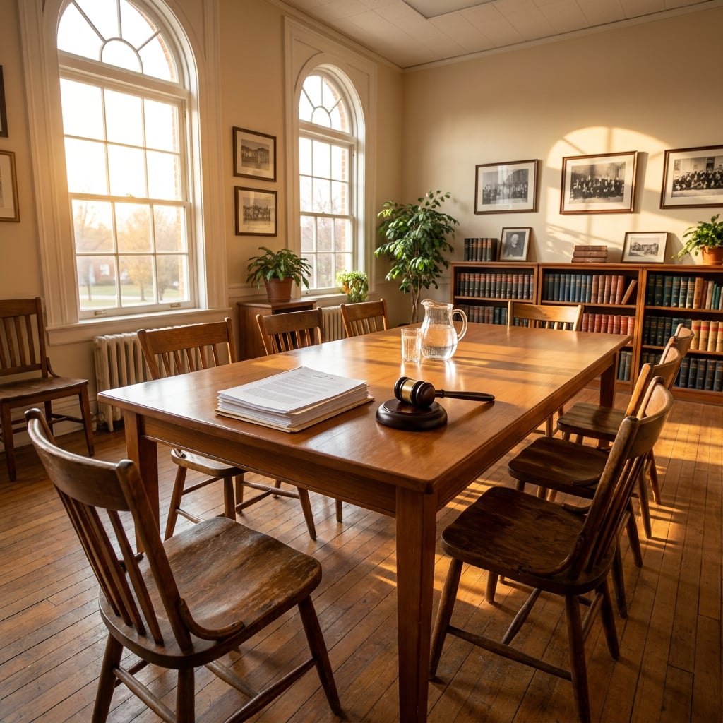 A wooden table surrounded by chairs in a well-lit room with bookshelves and plants.