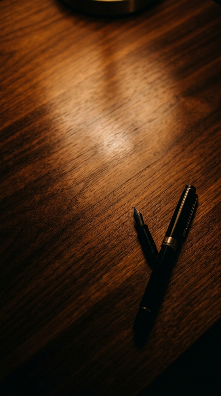 A black pen rests on a wooden table.