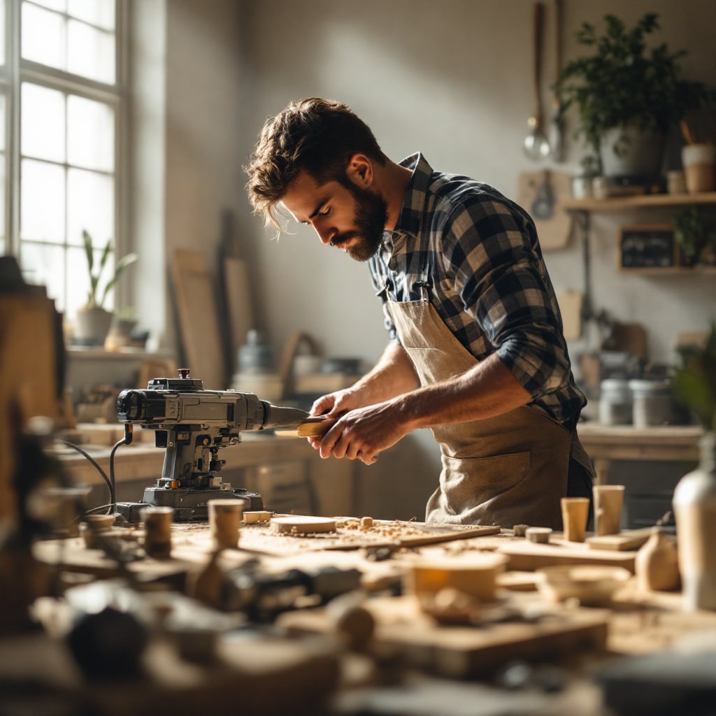 A man is working on woodworking in a workshop filled with tools and wooden pieces.