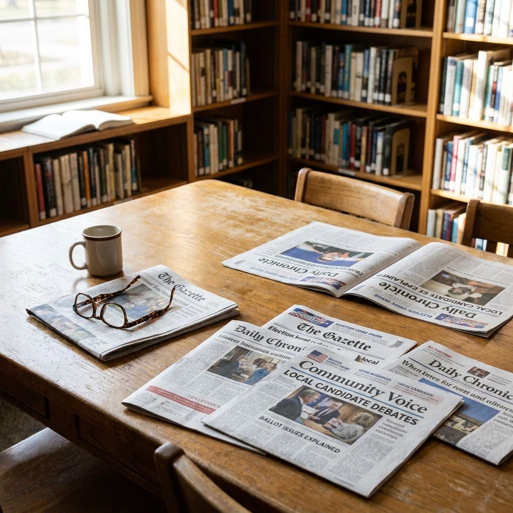 A wooden table with newspapers and a pair of glasses in a library setting.