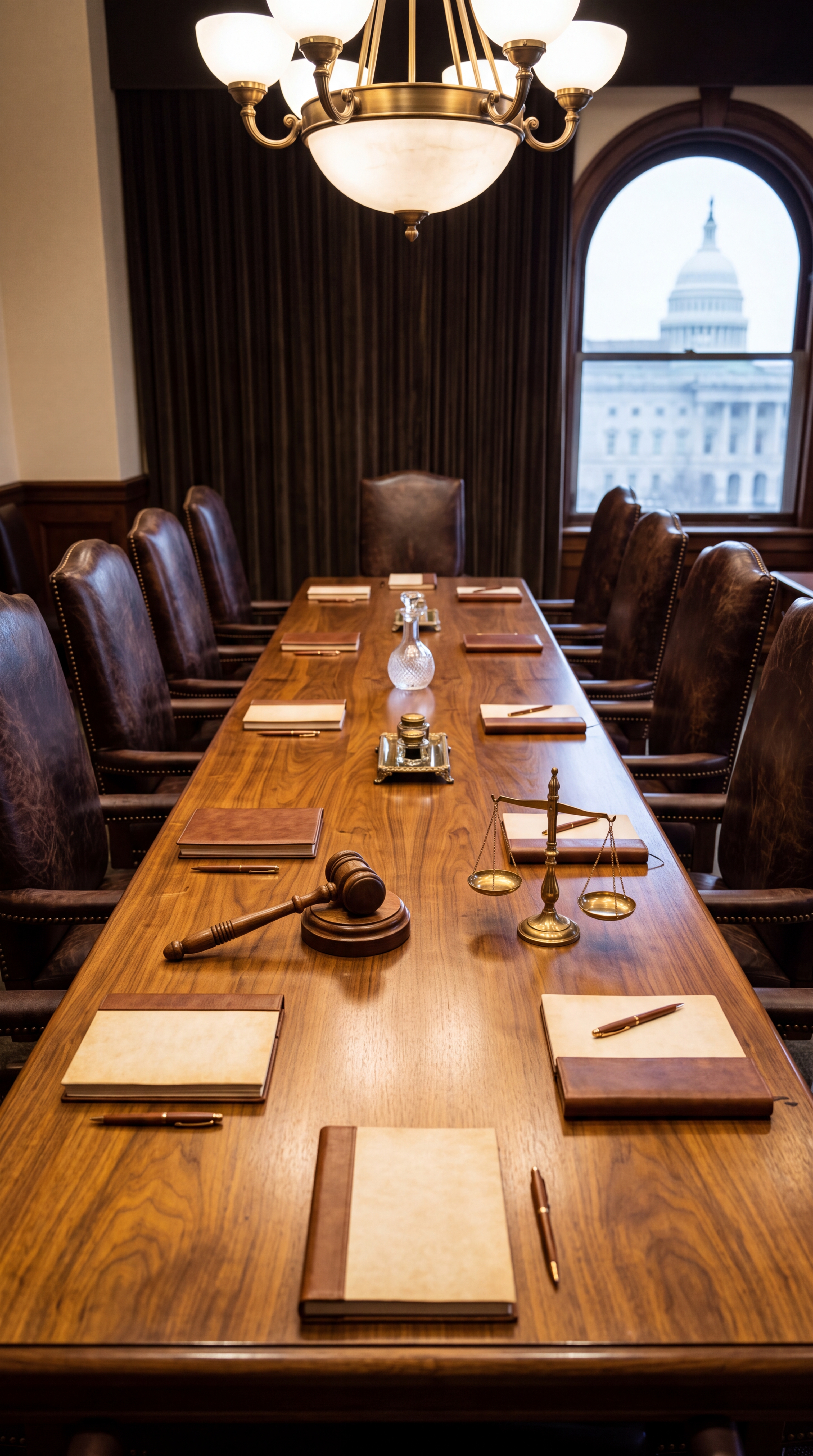 A large wooden conference table set up for a meeting with legal items and a view of a government building outside.