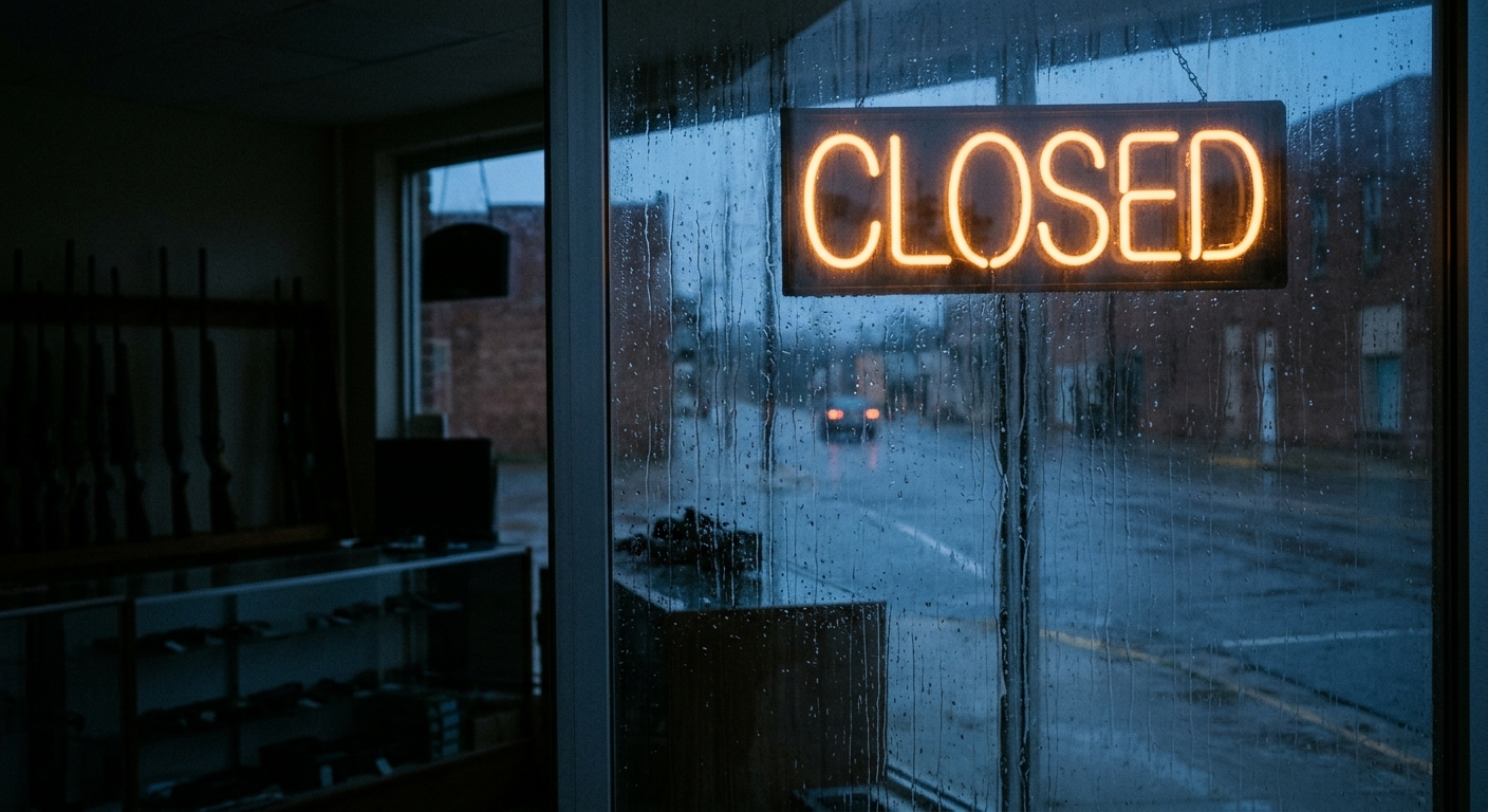 A closed gun shop with a neon sign in the window and rain on the glass.