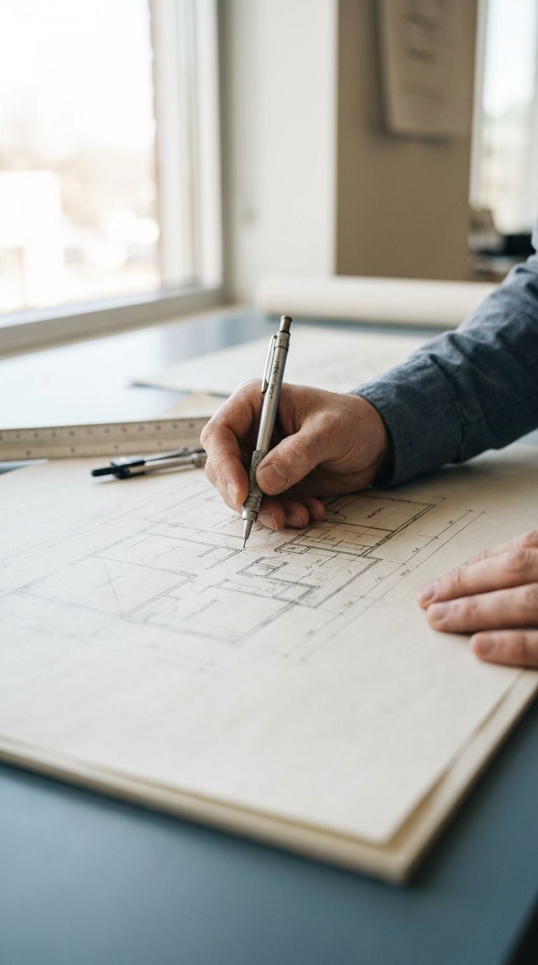 A person is drawing architectural plans on a large sheet of paper.